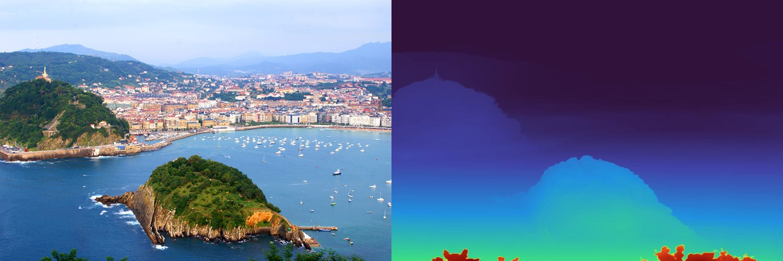 Aerial view of La Concha bay in Donostia next to its depth map: the boats and shoreline read as near, the open water recedes.