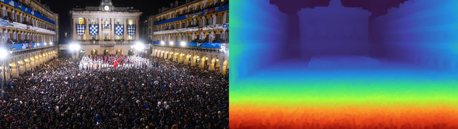A night festival crowd in Donostia's Plaza de la Constitucion next to its depth map, the near rows of people standing out from the lit facade behind.