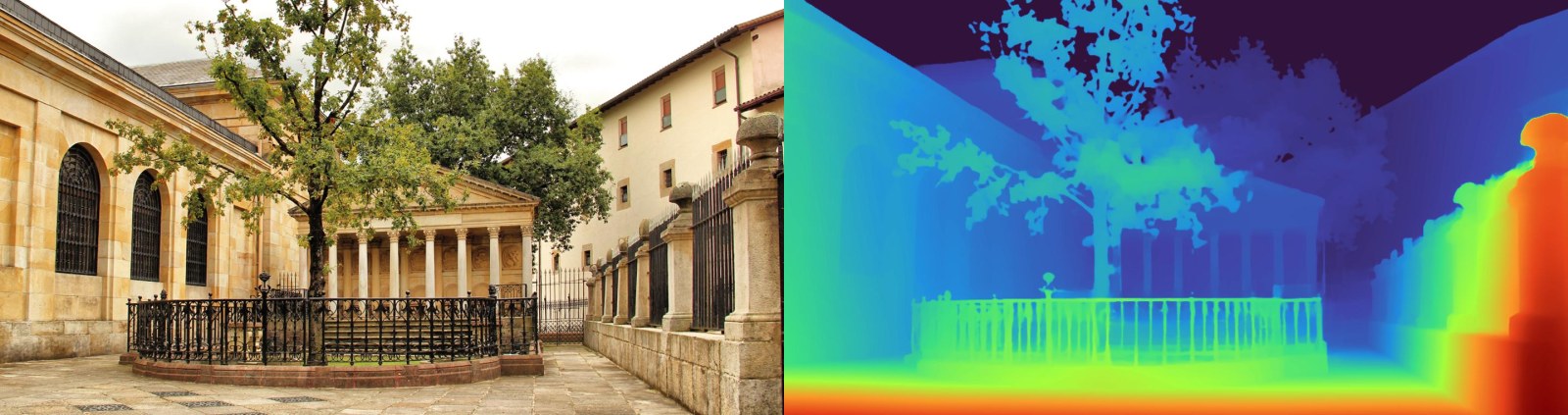 The columned courtyard of the Casa de Juntas de Gernika next to its depth map, showing the receding architecture.