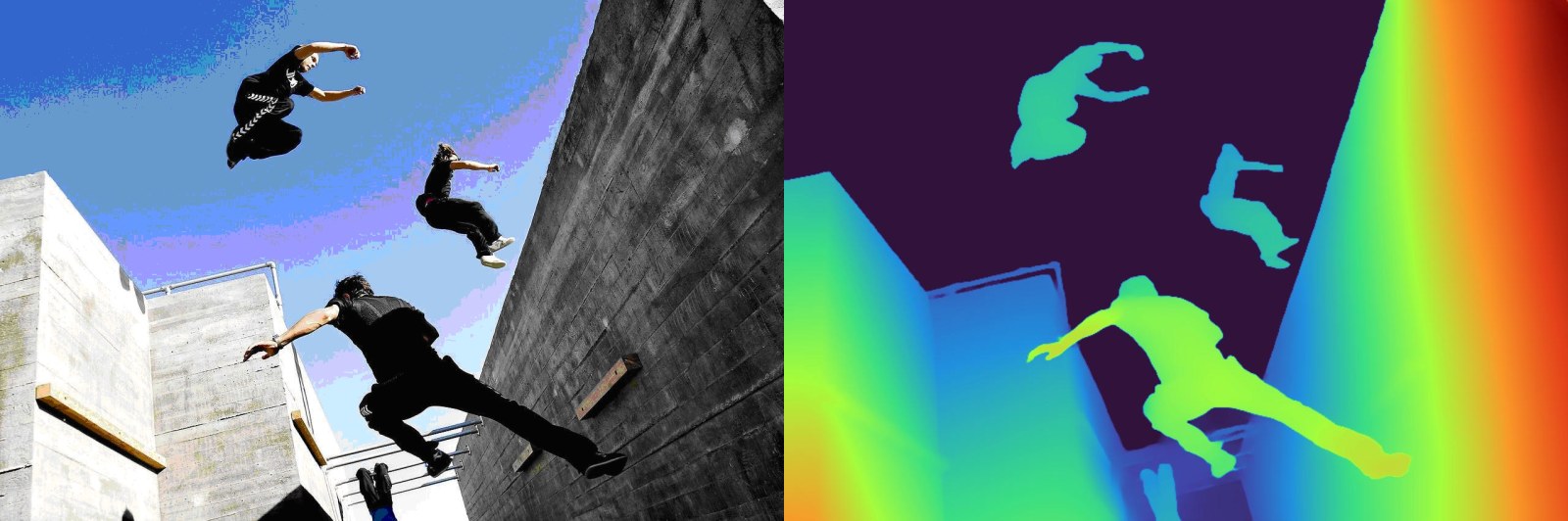The parkour sample image (LibreYOLO's bundled SAMPLE_IMAGE) next to its depth map: the jumpers in front stand out from the concrete walls behind.